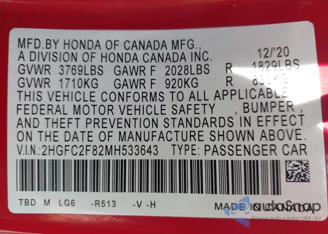 2021 Honda Civic Sport from USA, damaged, VIN 2HGFC2F82MH533643